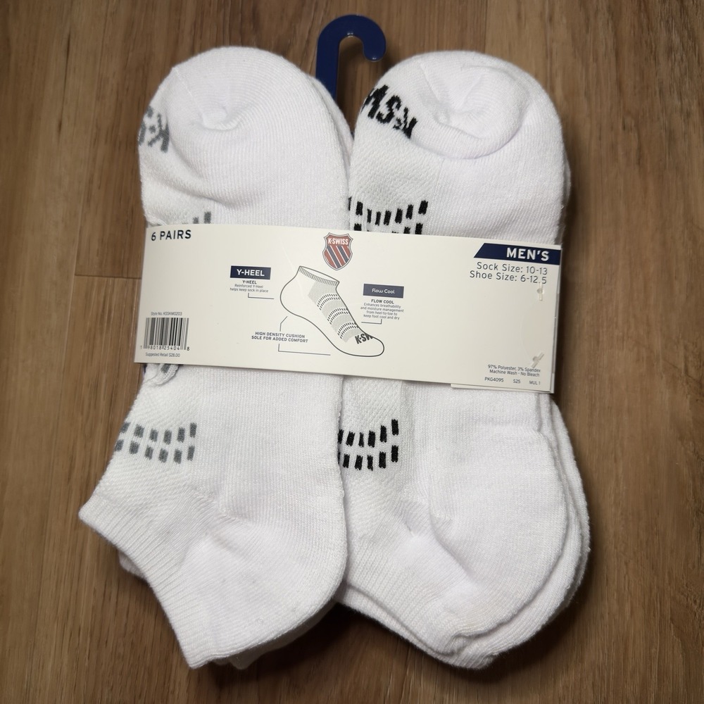 K-Swiss Men's Athletic Low-Cut Socks 6 Pairs, White, Men's Shoe Size 6-12.5 - Picture 2 of 3